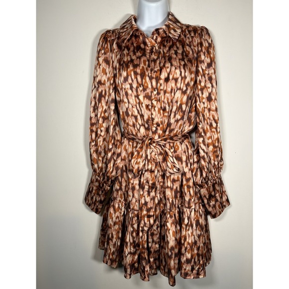 entro Dresses & Skirts - ENTRO Dress Size Large Spotted Chocolate‎ Brown Rust Belted Button Cuff Boutique